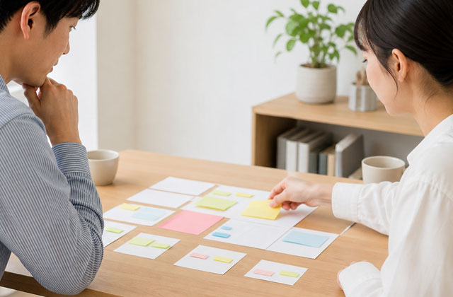 付箋を使ってチラシの対象者と伝える内容を整理する二人